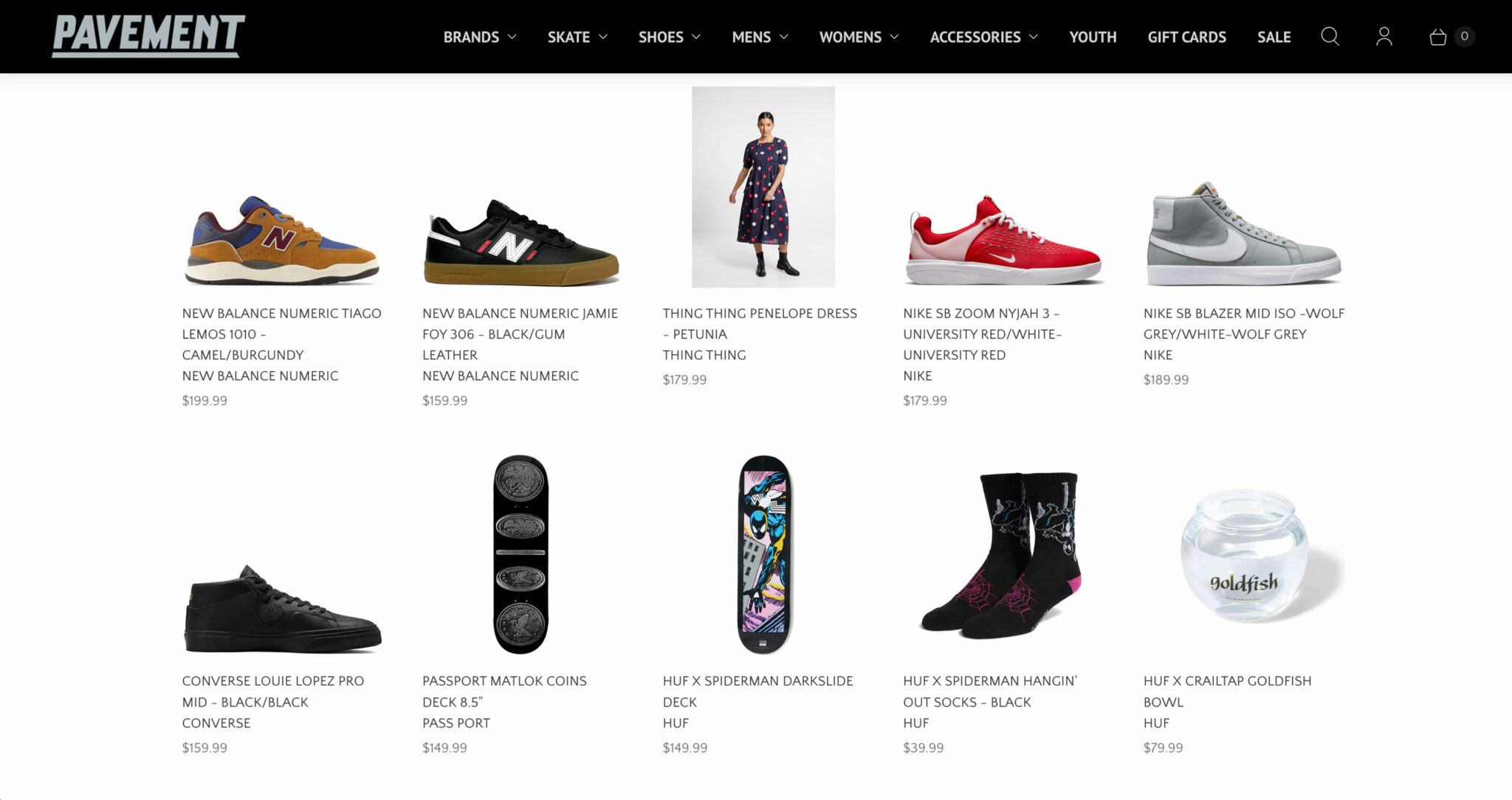 Pavement skate fashion store website screenshot